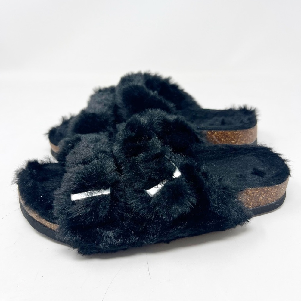 KIDMI BLACK FAUX FUR SLIP ON SLIPPERS CORK FOOTBED ADJUSTABLE BUCKLE SZ 5-6 NWOT